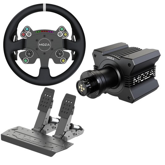 Moza R9 direct drive sim racing bundle with CS V2P steering wheel and SR-P2 2-pedal set.