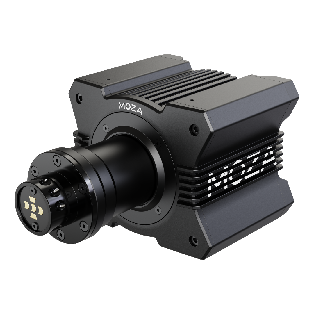 A black Moza Racing R9 V2 Direct Drive Base, featuring a robust and compact design with the brand name visible.