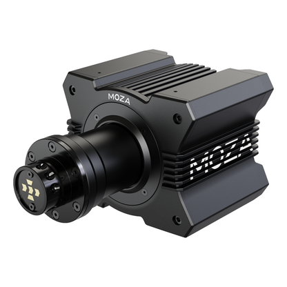 A black Moza Racing R9 V2 Direct Drive Base, featuring a robust and compact design with the brand name visible.