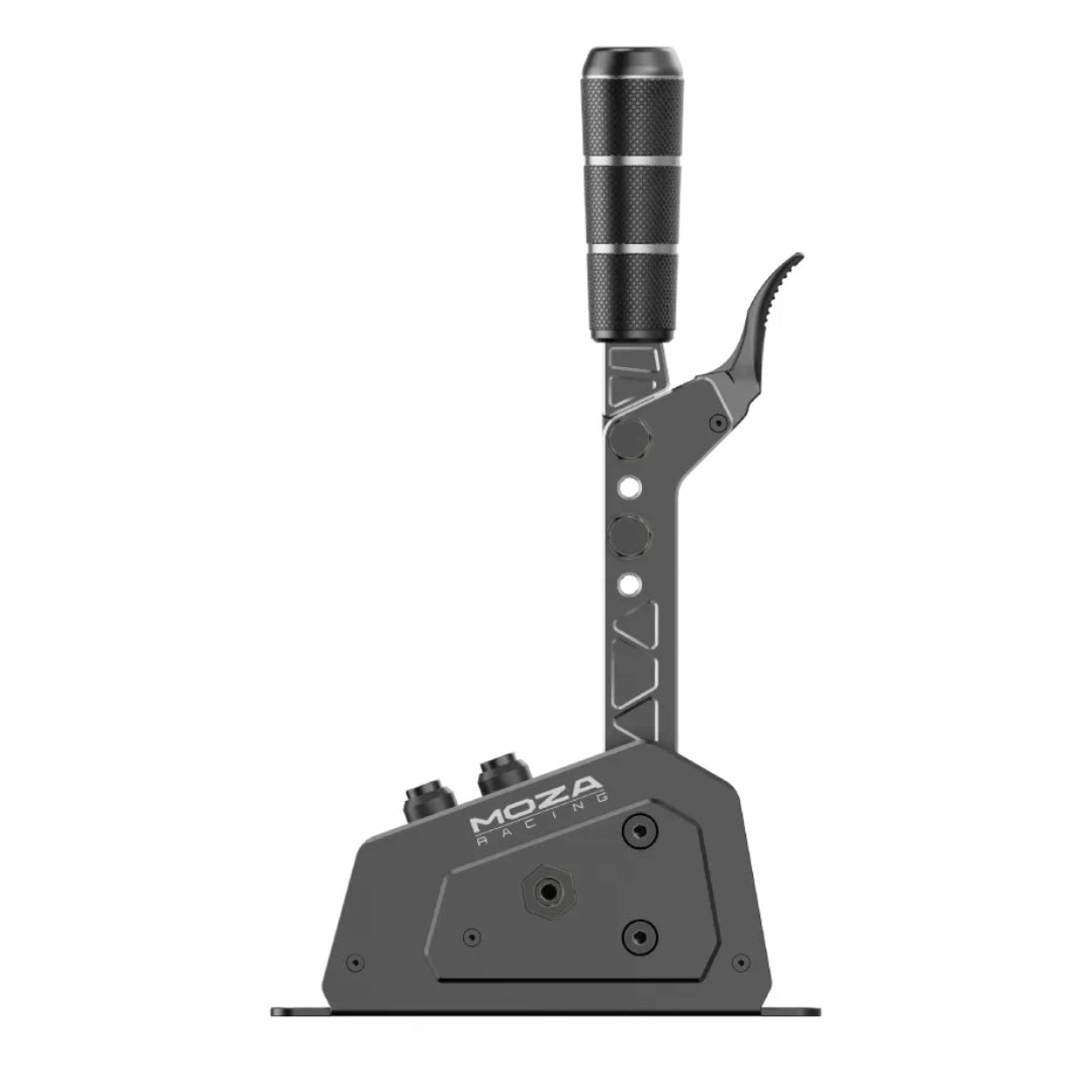 A black Moza Racing SGP Sequential Shifter, designed for use in computer gaming to simulate a real gearbox with a handle, buttons and a gear mechanism.
