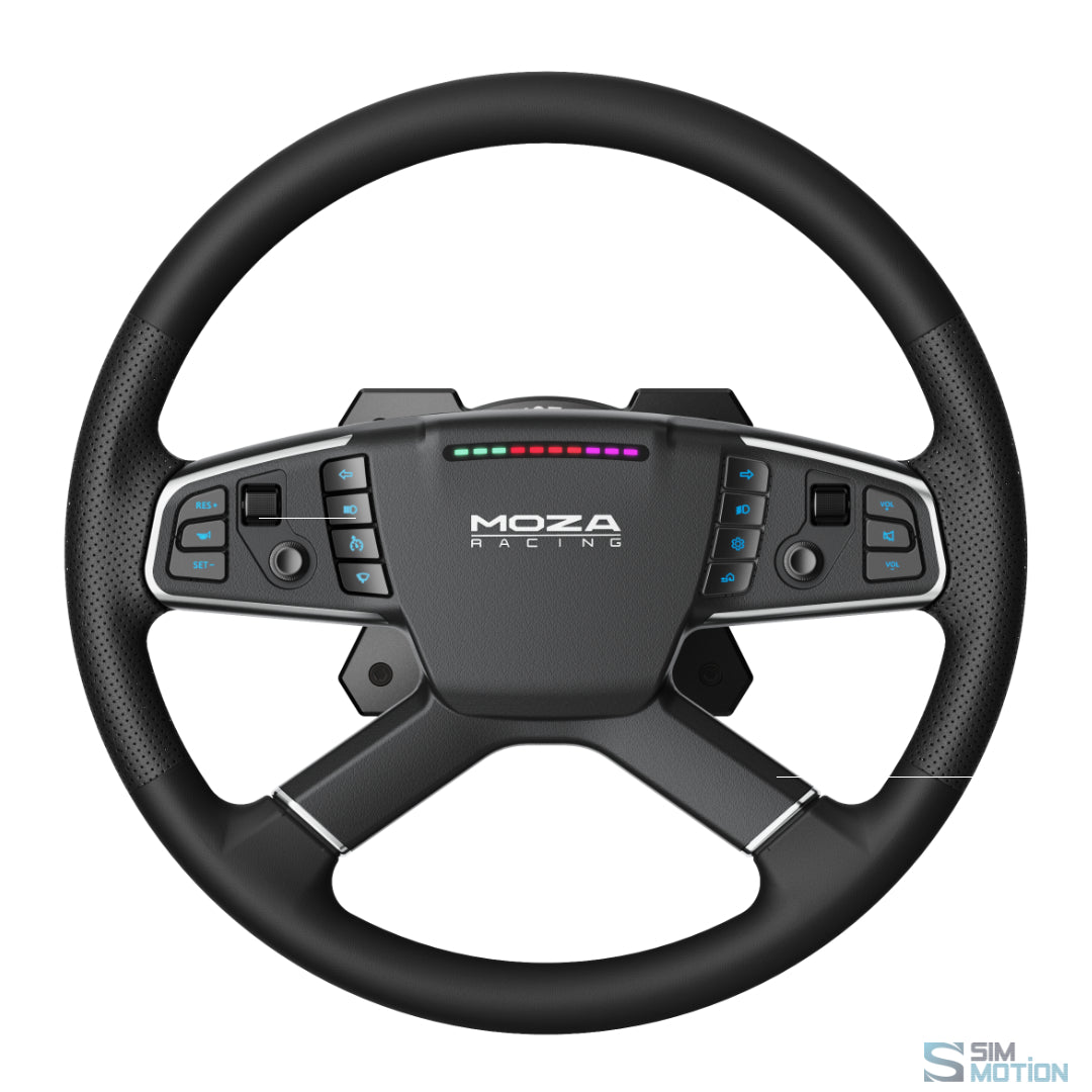 A black Moza Racing TSW Truck Steering Wheel with a four-spoke design, chrome accents, and control buttons on the rim.