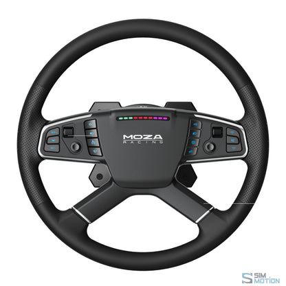 A black Moza Racing TSW Truck Steering Wheel with a four-spoke design, chrome accents, and control buttons on the rim.