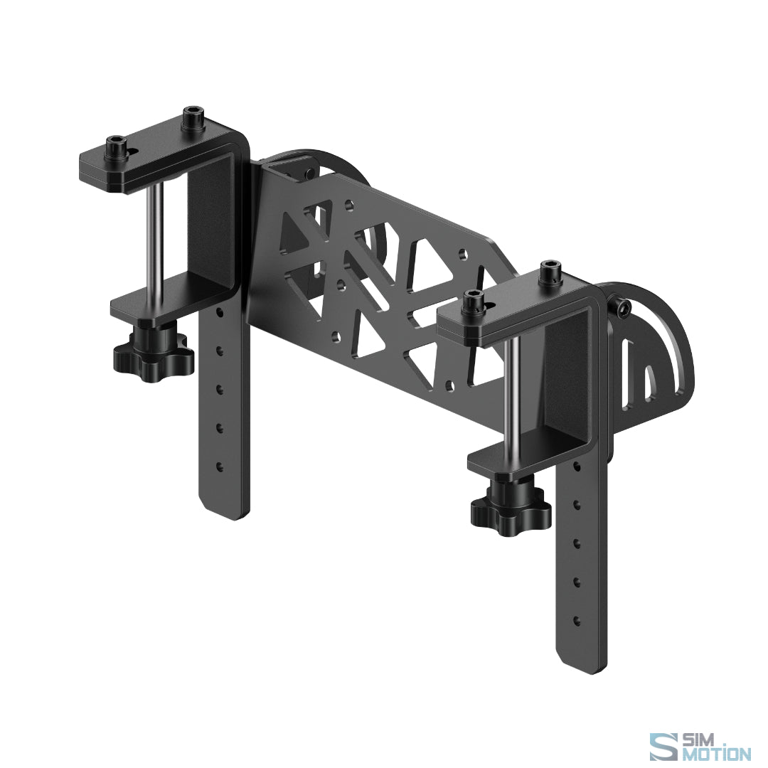 A black metal mounting bracket for the Moza Racing TSW Truck Wheel, designed for use with a desktop computer setup.