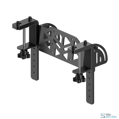 A black metal mounting bracket for the Moza Racing TSW Truck Wheel, designed for use with a desktop computer setup.