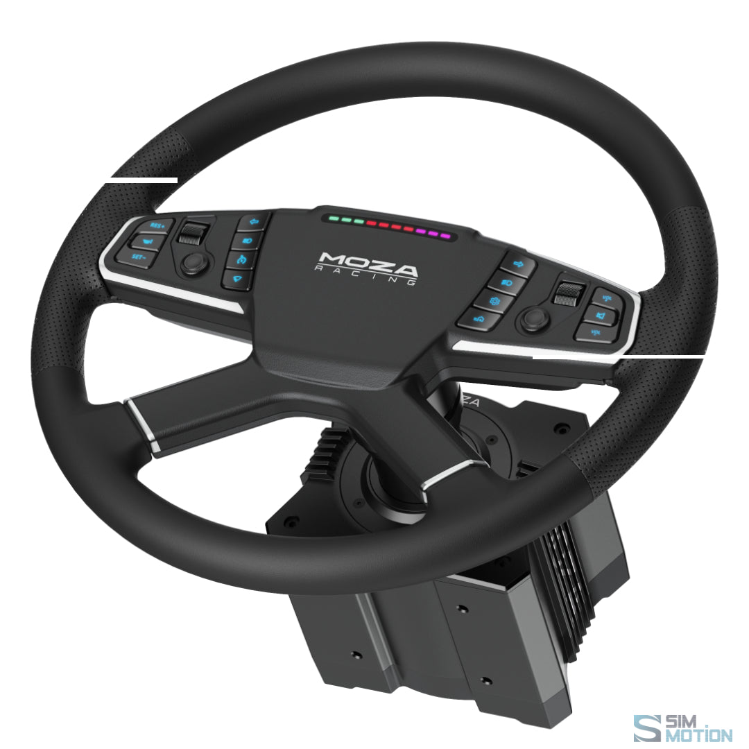 Moza Racing TSW Truck Steering Wheel installed on sim rig for truck simulation