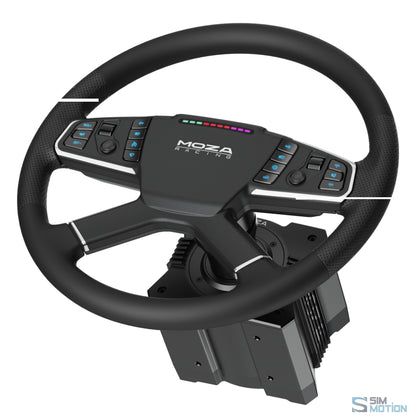 Moza Racing TSW Truck Steering Wheel installed on sim rig for truck simulation