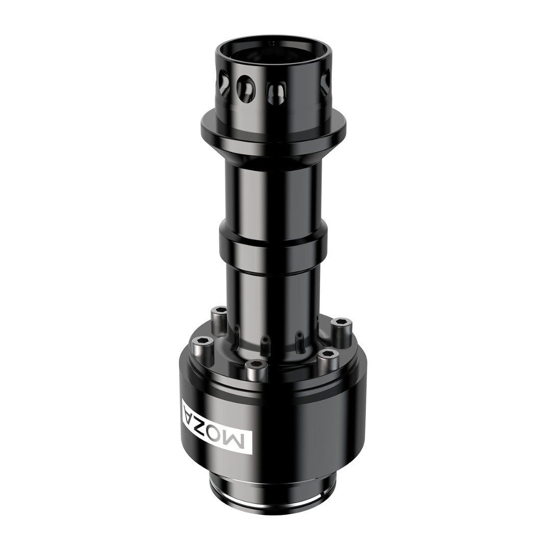 A black Moza racing wheelbase extension rod kit, designed to connect to a racing wheel and base, with visible branding and mechanical details.