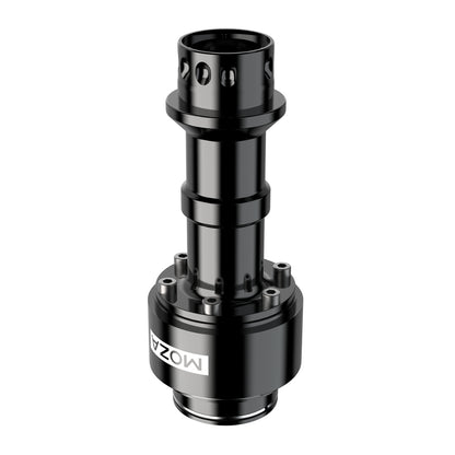 A black Moza racing wheelbase extension rod kit, designed to connect to a racing wheel and base, with visible branding and mechanical details.