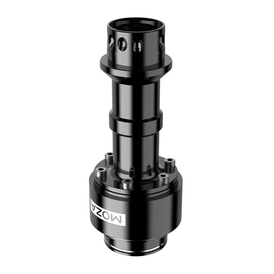 A black Moza racing wheelbase extension rod kit, designed to connect to a racing wheel and base, with visible branding and mechanical details.
