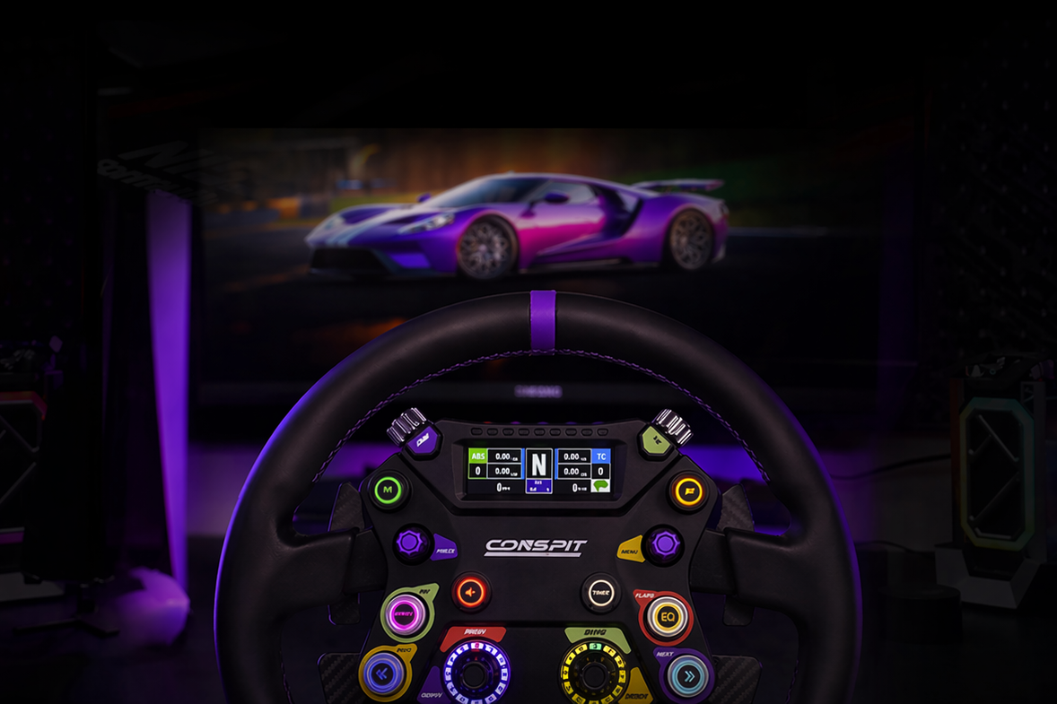 Car dashboard with illuminated controls and a steering wheel in a dark setting