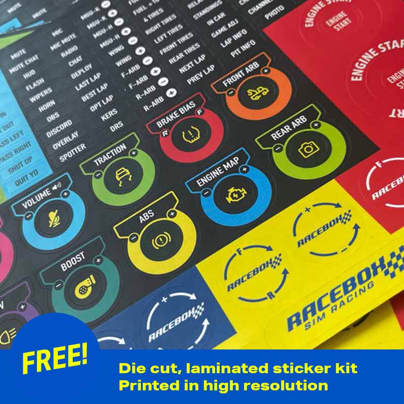 Colorful die-cut, laminated sticker kit with various symbols and 'Racebox Sim Racing' branding.