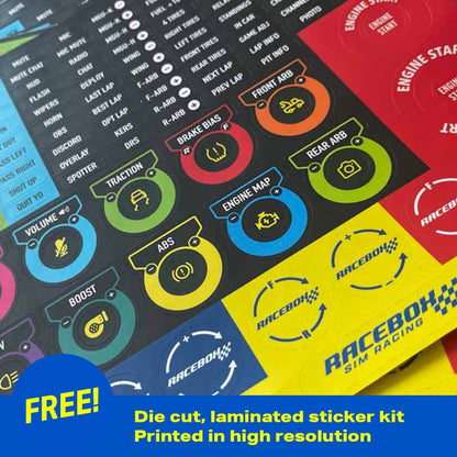 Colorful die-cut, laminated sticker kit with various symbols and 'Racebox Sim Racing' branding.