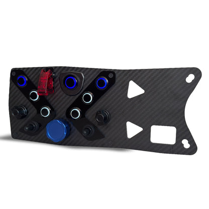 Carbon fiber license plate with various cutouts and color accents on a white background
