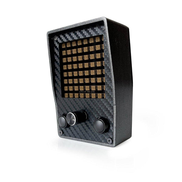 Black carbon fiber-textured electronic device with buttons on a white background