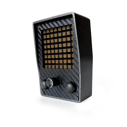 Black carbon fiber-textured electronic device with buttons on a white background