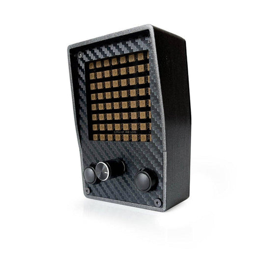 Black carbon fiber-textured electronic device with buttons on a white background