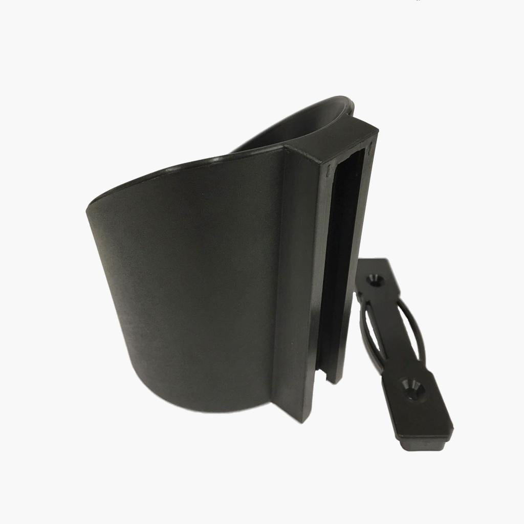Black plastic cup holder with a strap on a white background