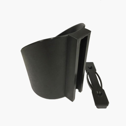 Black plastic cup holder with a strap on a white background