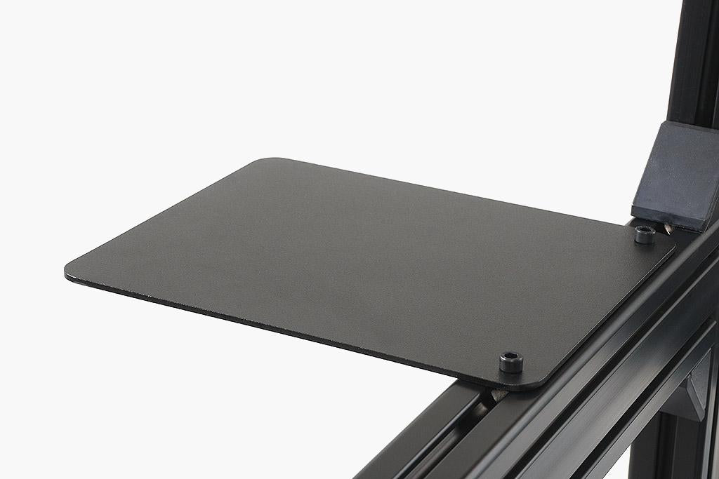 Black adjustable desk stand on a white background