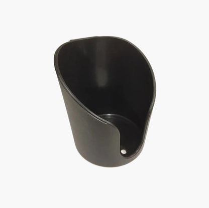 Black plastic cup holder on a white background