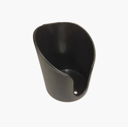 Black plastic cup holder on a white background