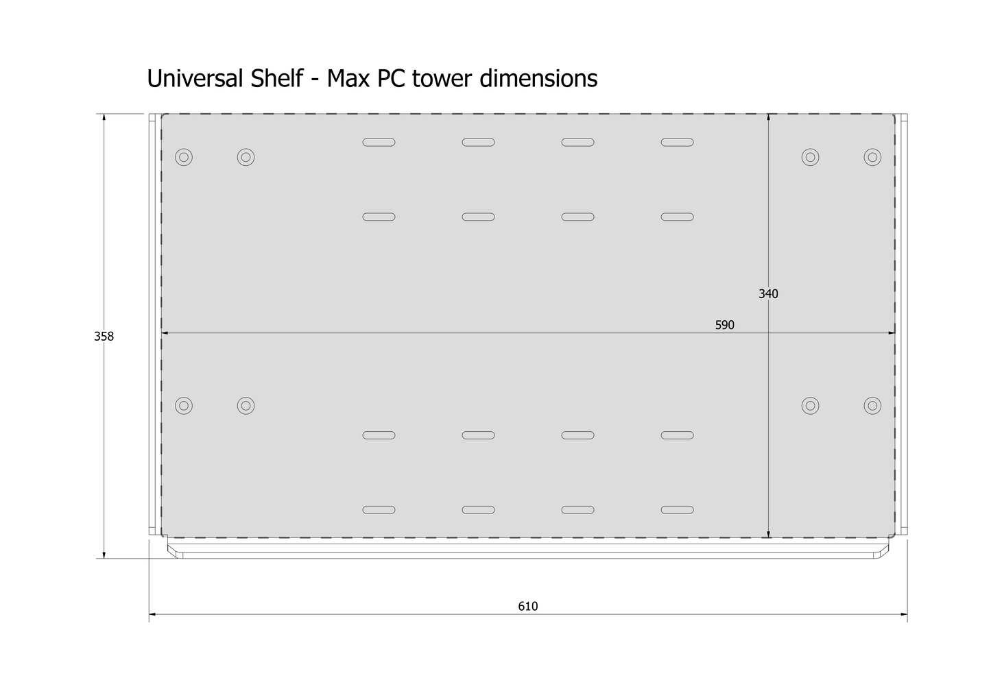 Dimensions of a universal shelf for a Max PC tower on a white background