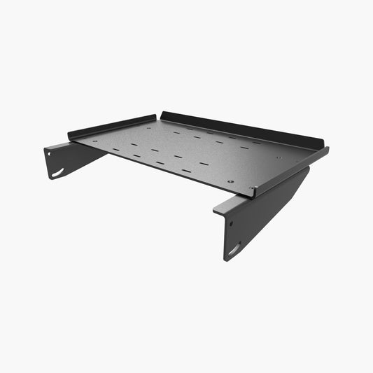 Black metal shelf bracket on a white background