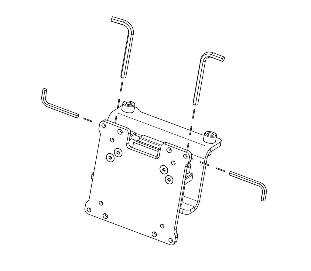 Technical drawing of a mechanical component with various parts and tools on a white background