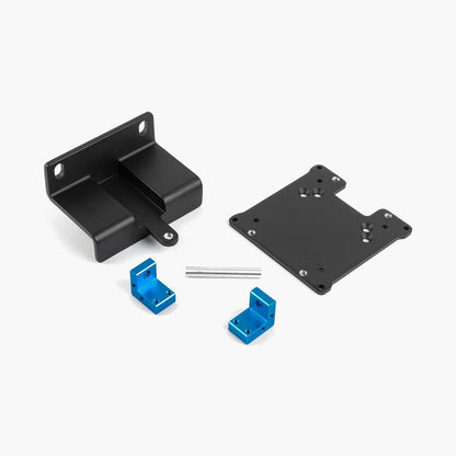 Mechanical parts including black brackets and blue components on a white background