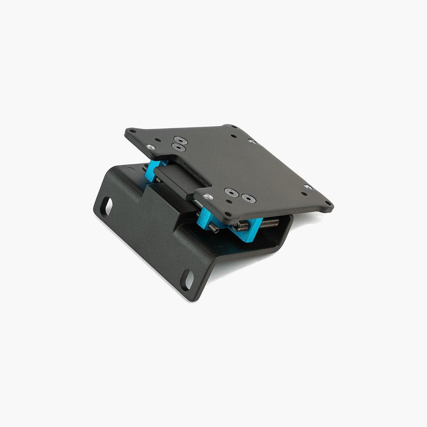 Black mechanical component with blue accents on a white background