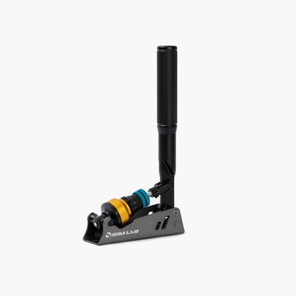 Black and gray device with yellow and blue accents on a white background