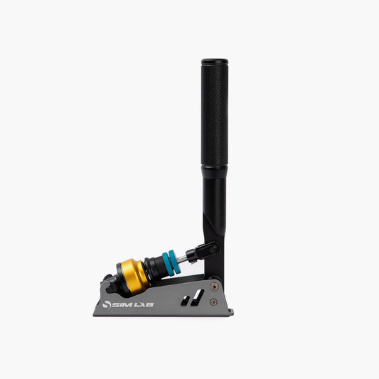 Black and gray bike component with gold and blue accents on a white background