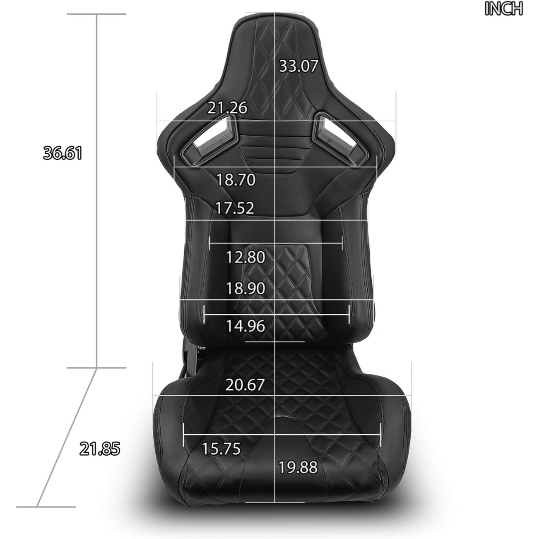 Front view dimension diagram of Sim Motion black leather racing seat showing width, height, and seating measurements.