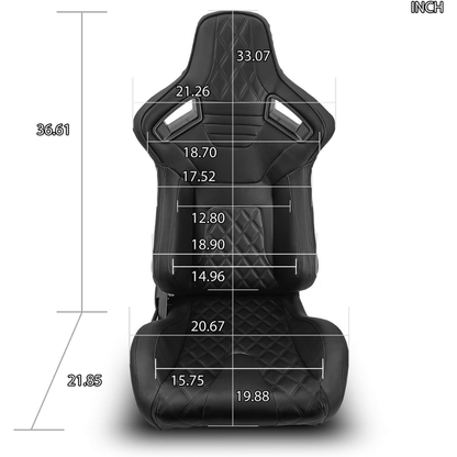Front view dimension diagram of Sim Motion black leather racing seat showing width, height, and seating measurements.