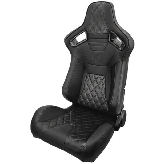 Sim Motion black leather reclining racing seat with diamond-stitched upholstery and integrated harness openings.