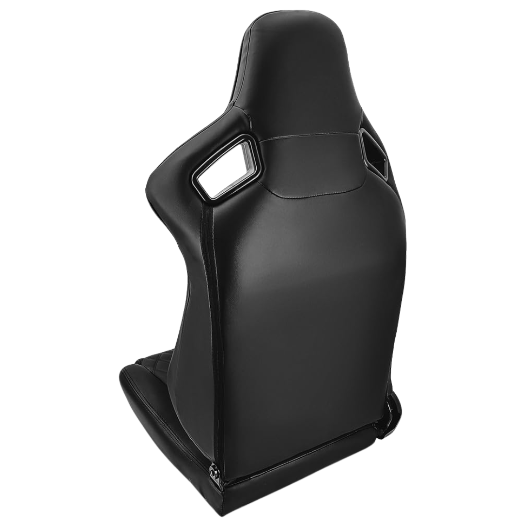 Rear view of Sim Motion black leather reclining racing seat with integrated harness openings and diamond-stitched upholstery.