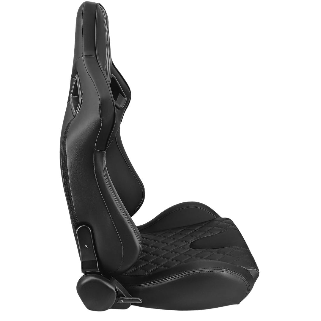 Side view of Sim Motion black leather reclining racing seat with integrated harness openings and diamond-stitched upholstery.