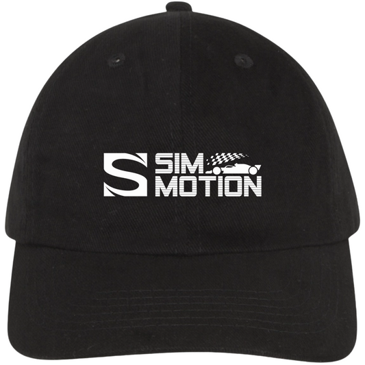 Black cap with 'Sim Motion' logo on a white background