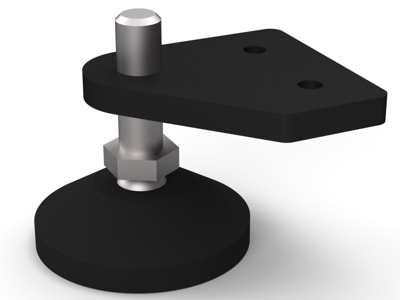 Black mechanical component with a silver bolt on a white background