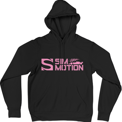 Black hoodie with pink 'SIMOTION' logo on a white background