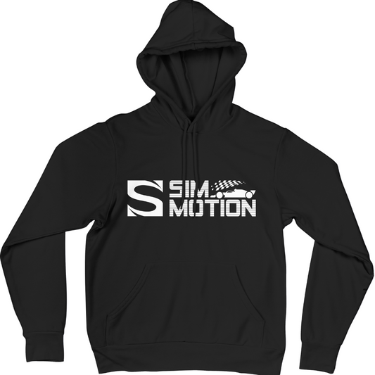 Black hoodie with 'Sim Motion' logo on a white background