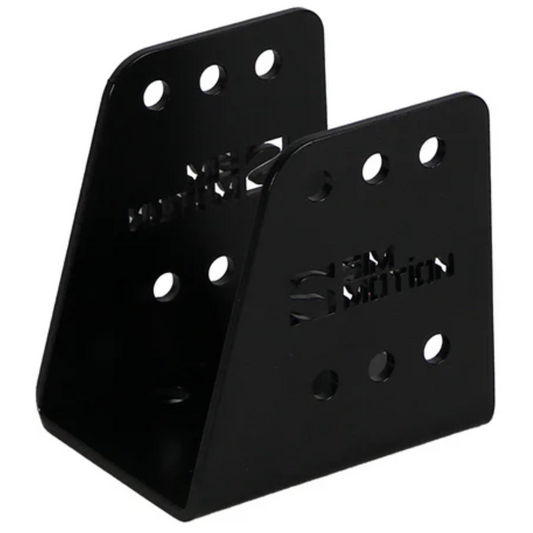 A black D-BOX G5 mounting bracket designed for aluminum profile type simulator frames.