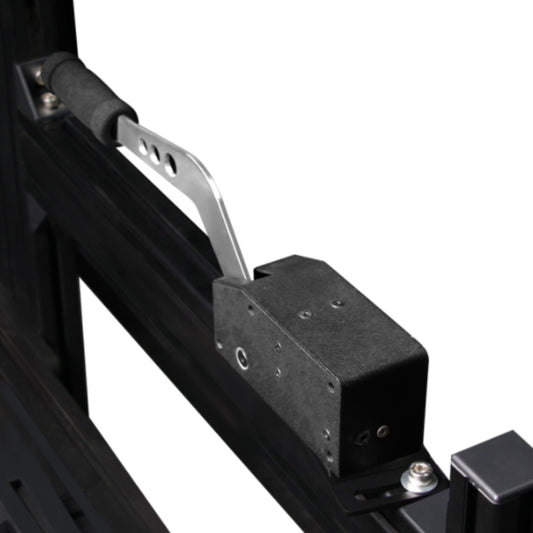 A black handbrake mount attached to a Sim-Motion chassis, designed for racing simulators.