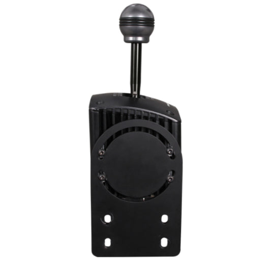 A black Fanatec shifter mount for an aluminum chassis with mounting hardware visible.