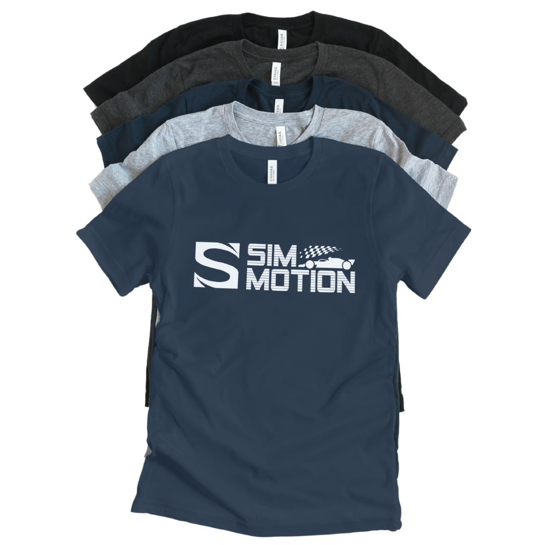 Stack of navy blue t-shirts with 'Sim Motion' logo on a white background