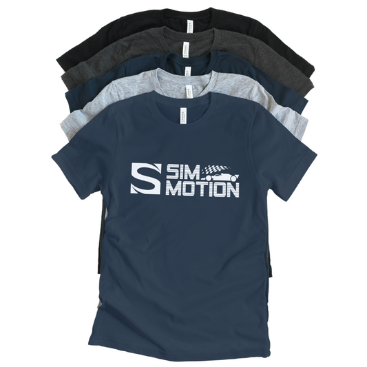 Stack of navy blue t-shirts with 'Sim Motion' logo on a white background