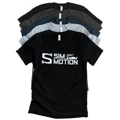Black t-shirt with 'Sim Motion' logo on a white background