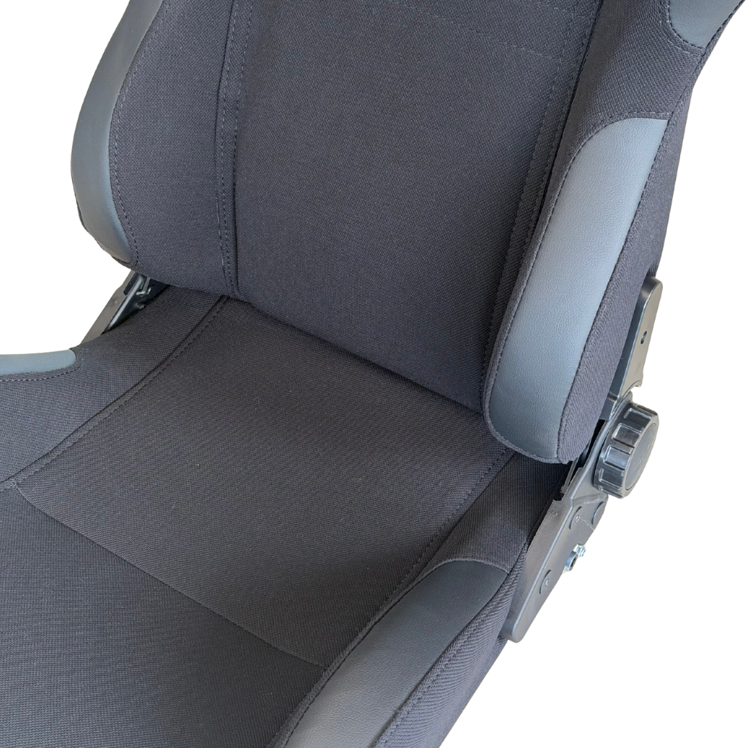 Sim Motion GT1 Pineapple Fabric Seat – installed in sim racing rig