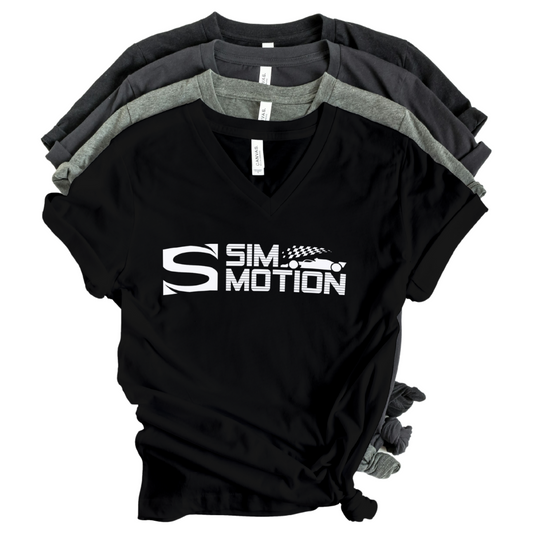 Black V-neck shirt with 'Sim Motion' logo on a white background