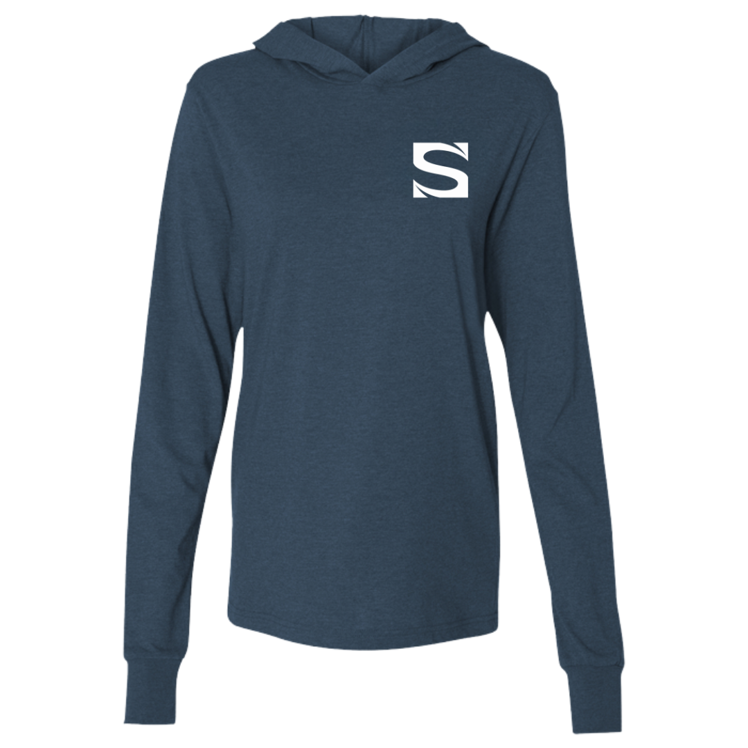 Navy blue long-sleeve hoodie with a white logo on a white background